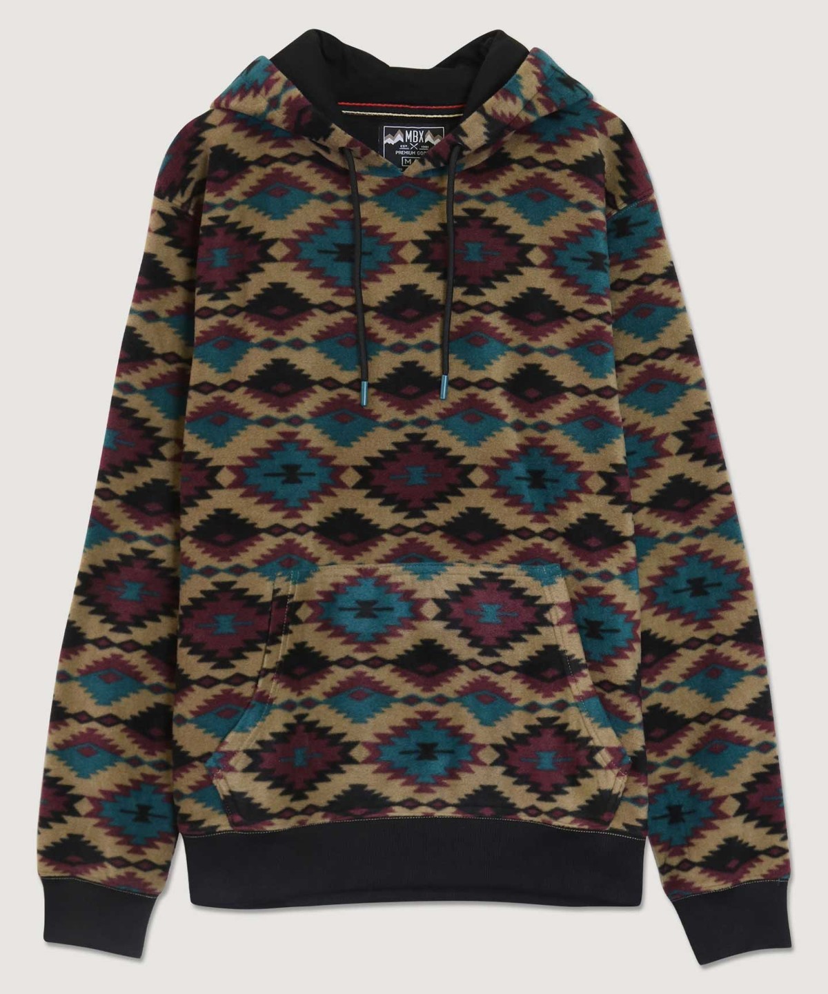 Aztec diamond print hoodie with drawstring hood and kangaroo pocket, dark cuffs