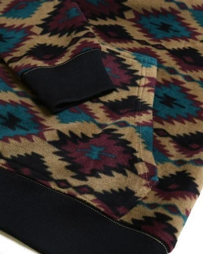 Hoodie sleeve and pocket detail with Aztec diamond print and ribbed cuff