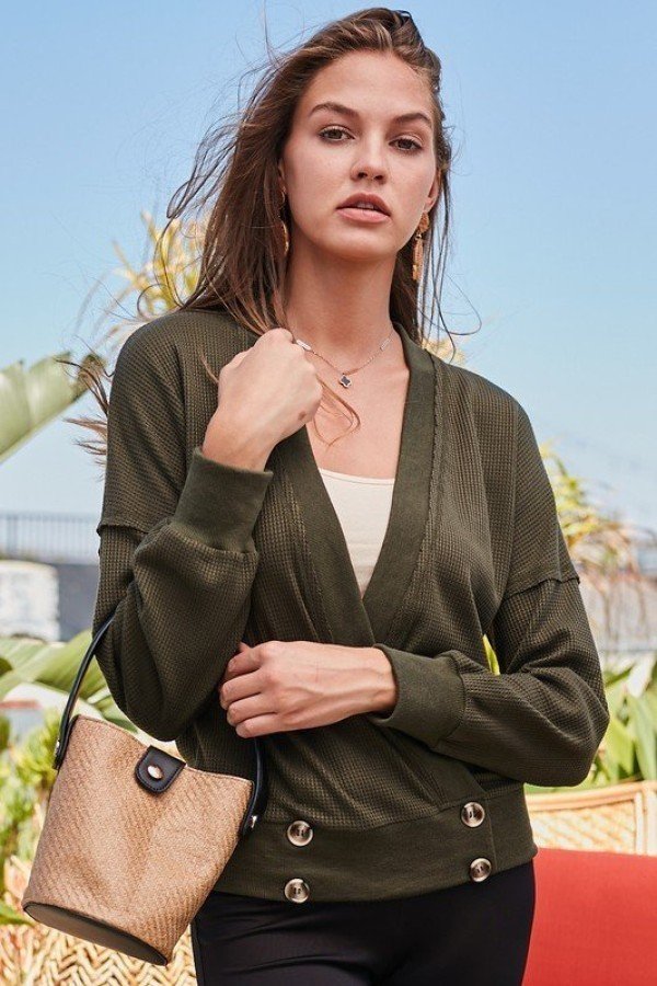Olive knit wrap long-sleeve top with front buttons and draped neckline