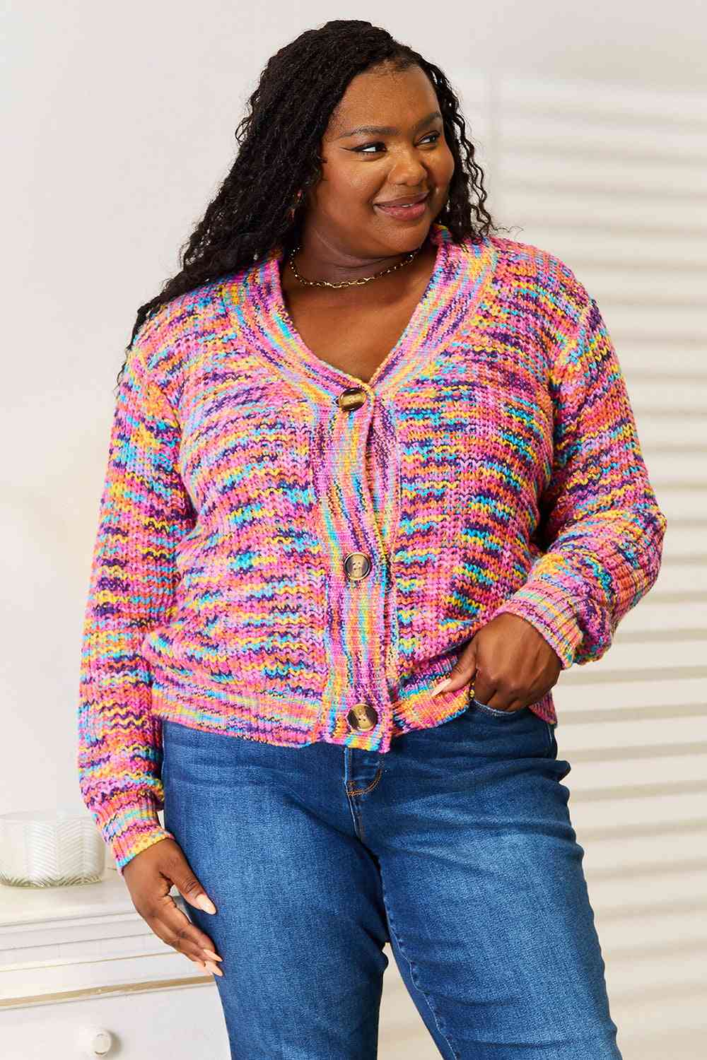 Pink Multicolor V-Neck Long Sleeve Cardigan - Tigbul's Variety Fashion Shop