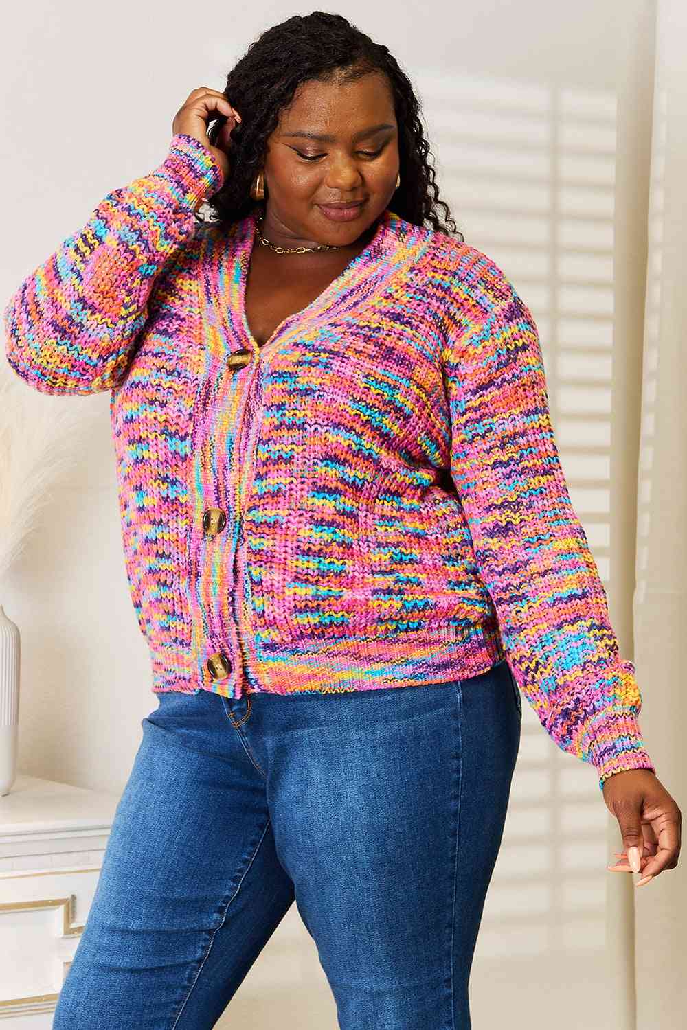Pink Multicolor V-Neck Long Sleeve Cardigan - Tigbul's Variety Fashion Shop
