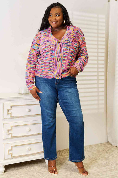 Pink Multicolor V-Neck Long Sleeve Cardigan - Tigbul's Variety Fashion Shop