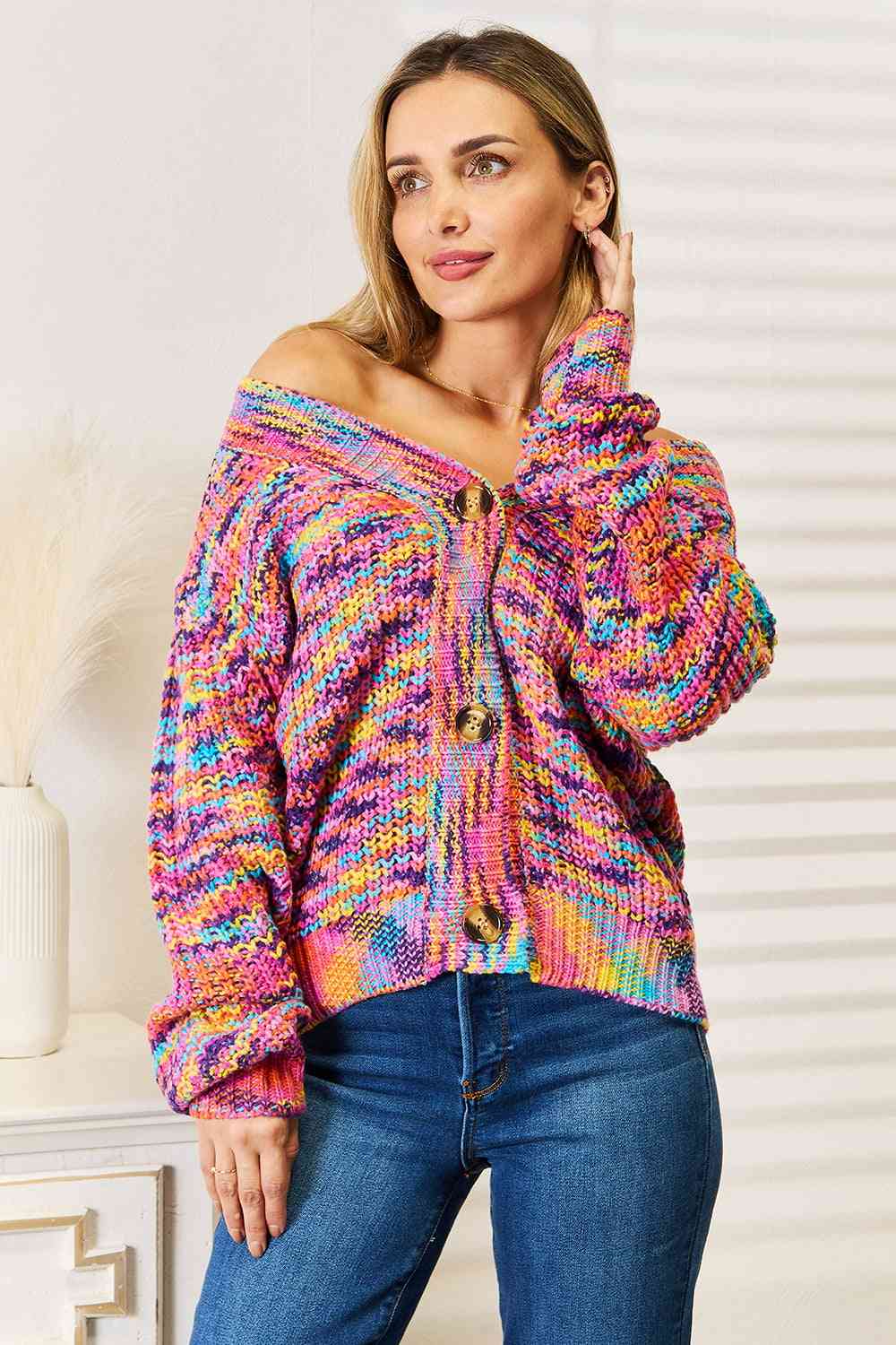 Pink Multicolor V-Neck Long Sleeve Cardigan - Tigbul's Variety Fashion Shop