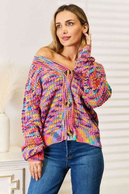 Pink Multicolor V-Neck Long Sleeve Cardigan - Tigbul's Variety Fashion Shop