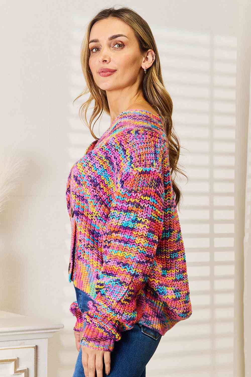 Pink Multicolor V-Neck Long Sleeve Cardigan - Tigbul's Variety Fashion Shop