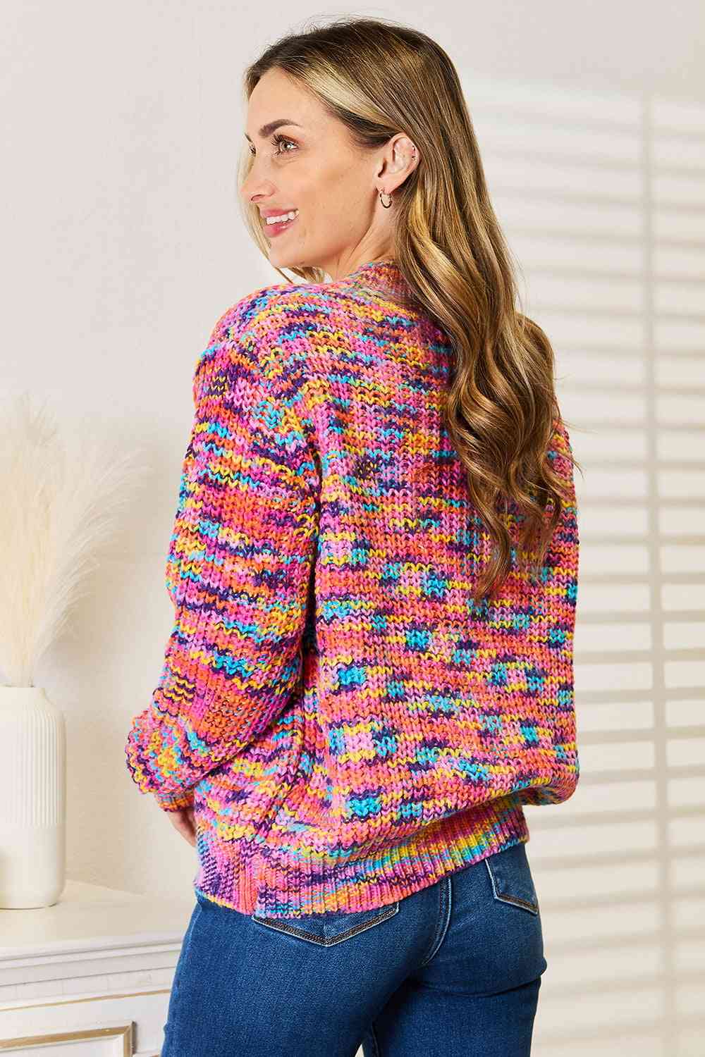 Pink Multicolor V-Neck Long Sleeve Cardigan - Tigbul's Variety Fashion Shop