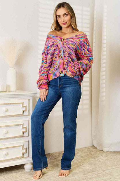 Pink Multicolor V-Neck Long Sleeve Cardigan - Tigbul's Variety Fashion Shop