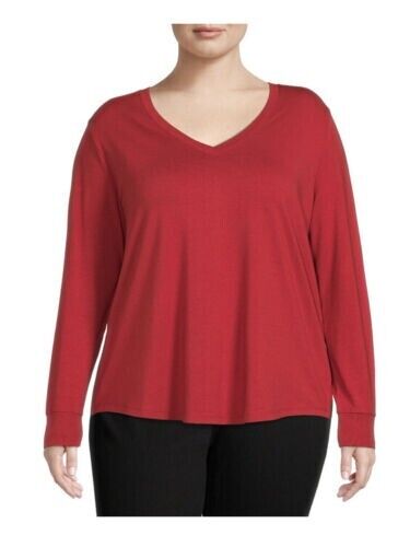 Plus 4XL rotes V-Ausschnitt Langarmshirt, semi-eng
