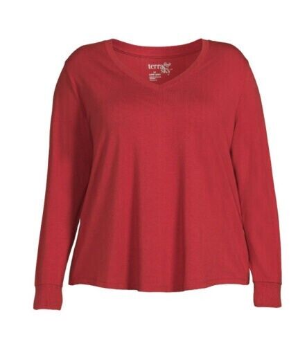 Rotes Plus-4XL Langarmshirt mit V-Ausschnitt, flach liegend