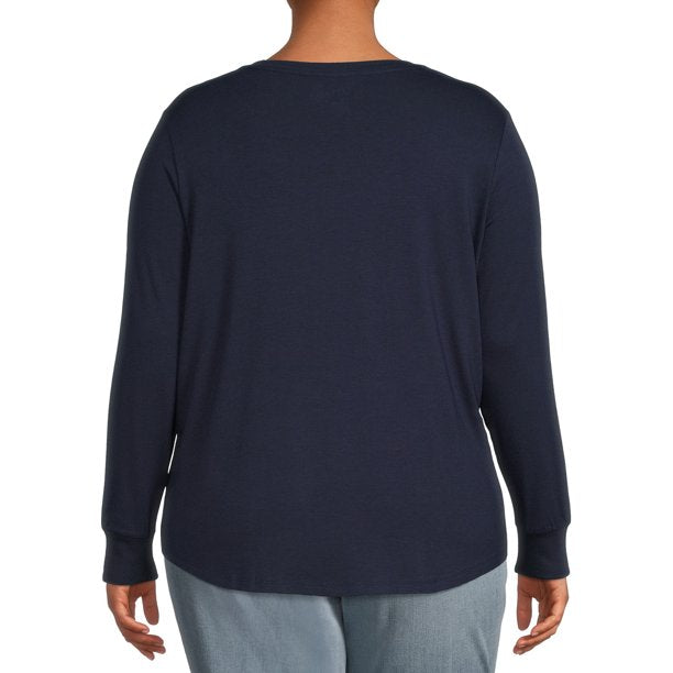 Back view: navy long-sleeve T-shirt, plus size 1XL