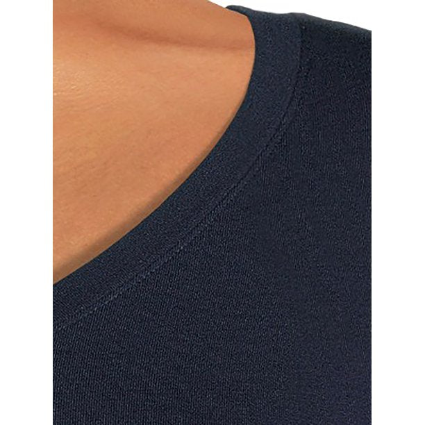 Close-up knit texture of navy long-sleeve V-neck T-shirt