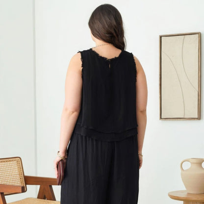 Plus Size Black Boho Sleeveless Frayed Hem Top - Tigbul's Variety Fashion Shop