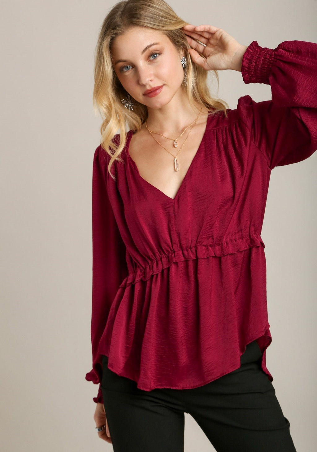Red V-neck baby doll top, gathered waist, long puff sleeves with elastic cuffs