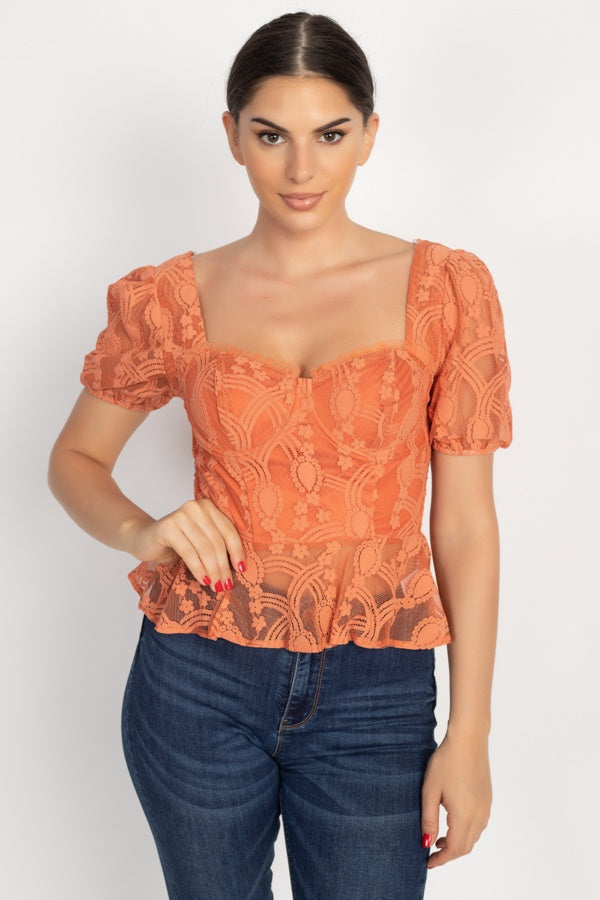Rust sheer lace sweetheart peplum top with puff sleeves and flounce hem