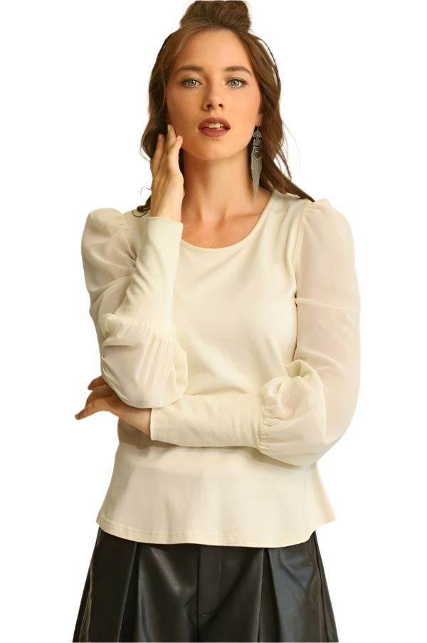Solid Knit and Chiffon Mixed Top with Puff Long Sleeves - Tigbul's Variety Fashion Shop