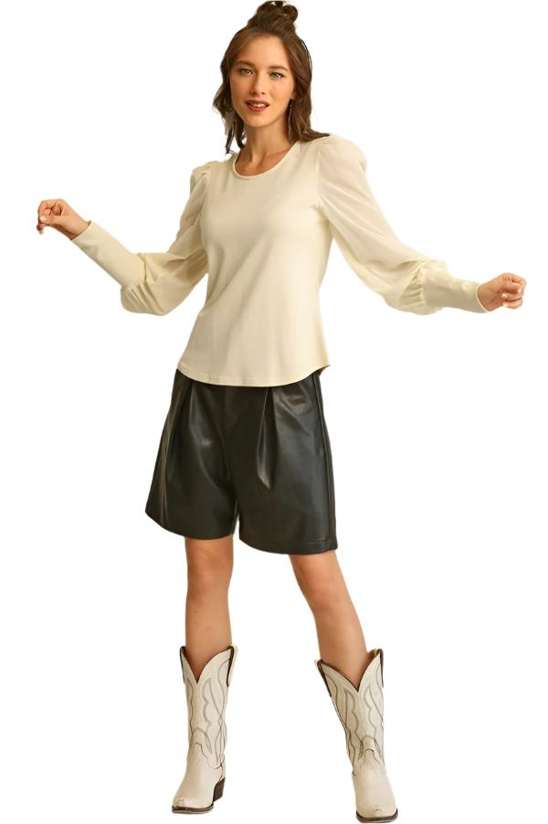 Cream mixed knit and chiffon top with puff long sleeves