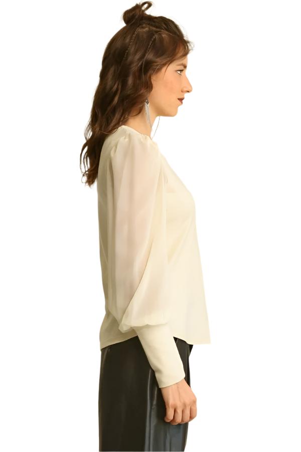 Cream mixed knit and chiffon top, side view, puff long sleeves