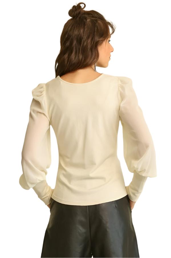 Cream mixed knit and chiffon top, back view with puff sleeves