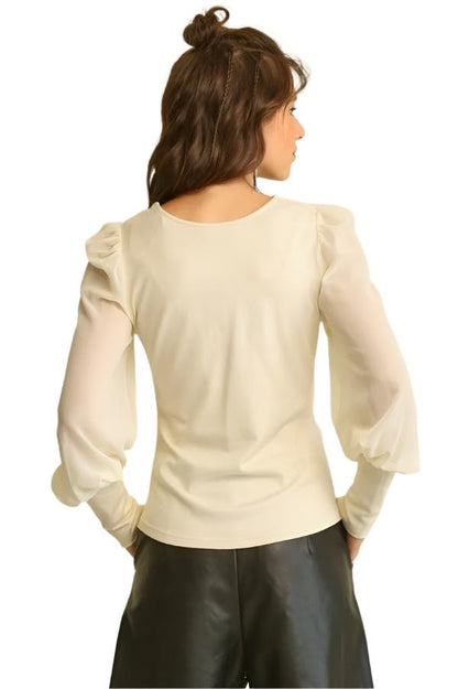Solid Knit and Chiffon Mixed Top with Puff Long Sleeves - Tigbul's Variety Fashion Shop