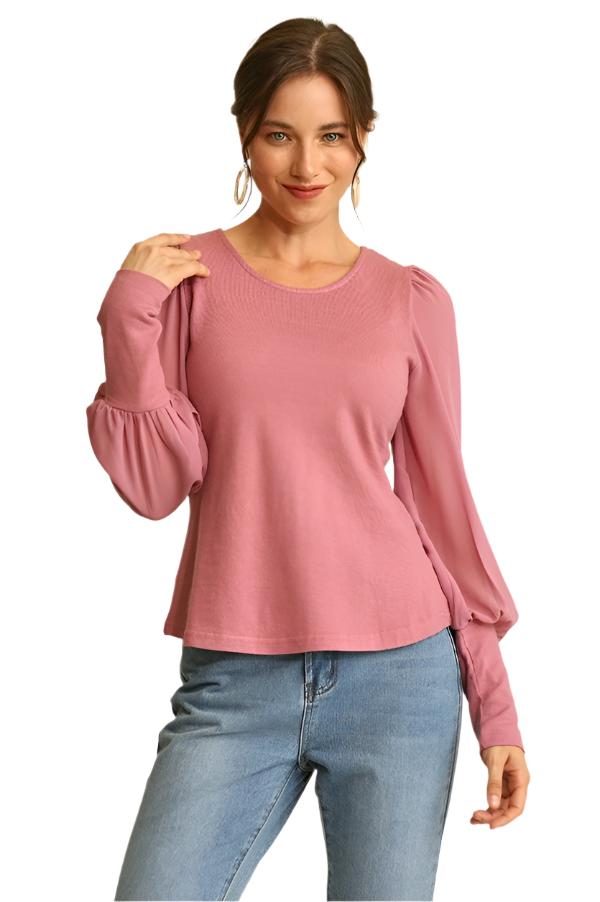 Light mauve mixed knit and chiffon top with puff long sleeves