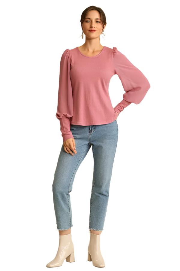 Light mauve mixed knit and chiffon top with puff long sleeves