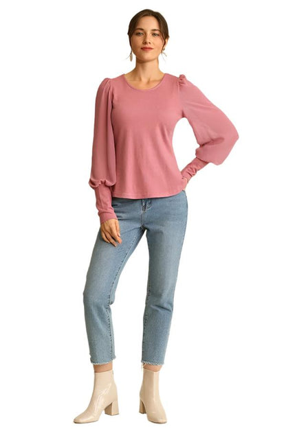 Solid Knit and Chiffon Mixed Top with Puff Long Sleeves - Tigbul's Variety Fashion Shop