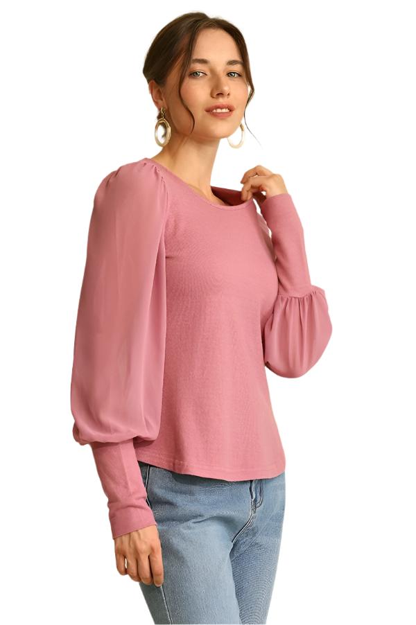 Light mauve mixed knit and chiffon top with puff long sleeves