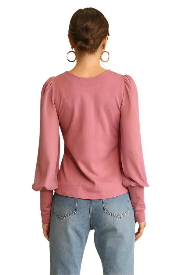 Solid Knit and Chiffon Mixed Top with Puff Long Sleeves - Tigbul's Variety Fashion Shop