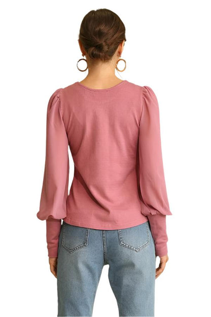 Solid Knit and Chiffon Mixed Top with Puff Long Sleeves - Tigbul's Variety Fashion Shop