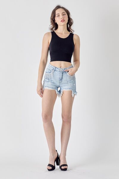 RISEN Frayed Hem Denim Shorts with Fringe Detail Pockets - Tigbul's Variety Fashion Shop