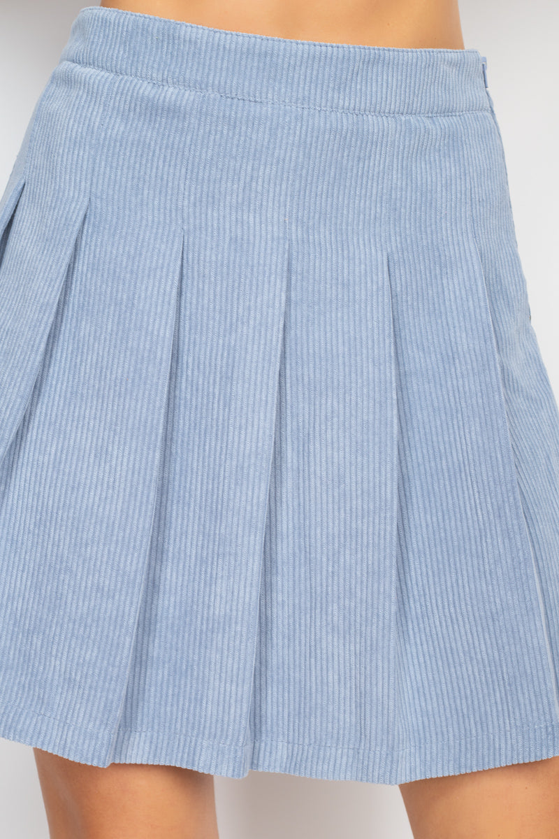 Blue corduroy mini skirt waistband and pleats, A-line size L