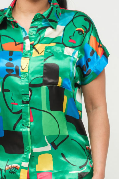 Green Satin Dolman Print Button Down Top And Shorts Set - Tigbul's Variety Fashion Shop