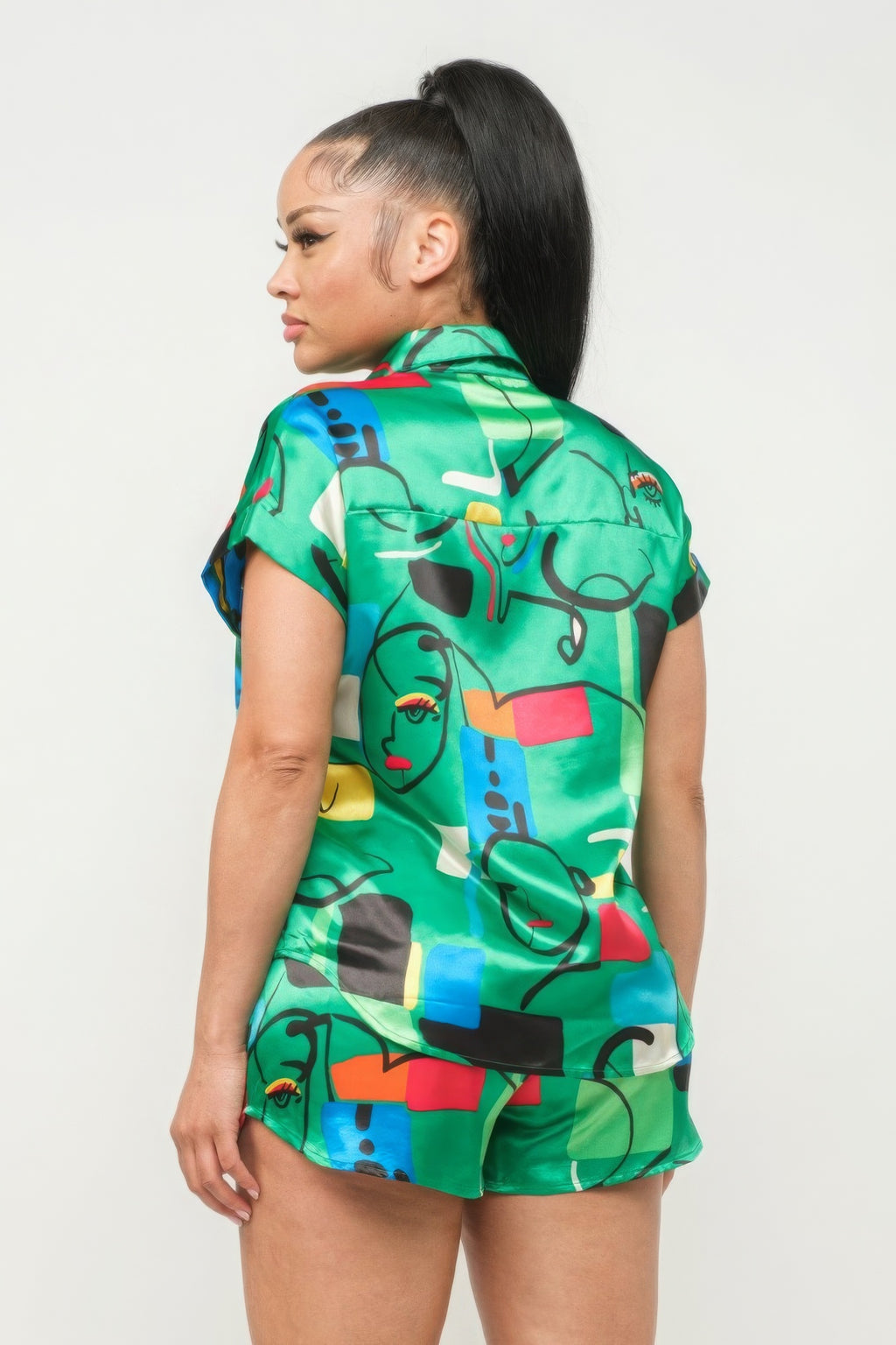Green satin dolman button-up top and shorts set, back view, abstract print