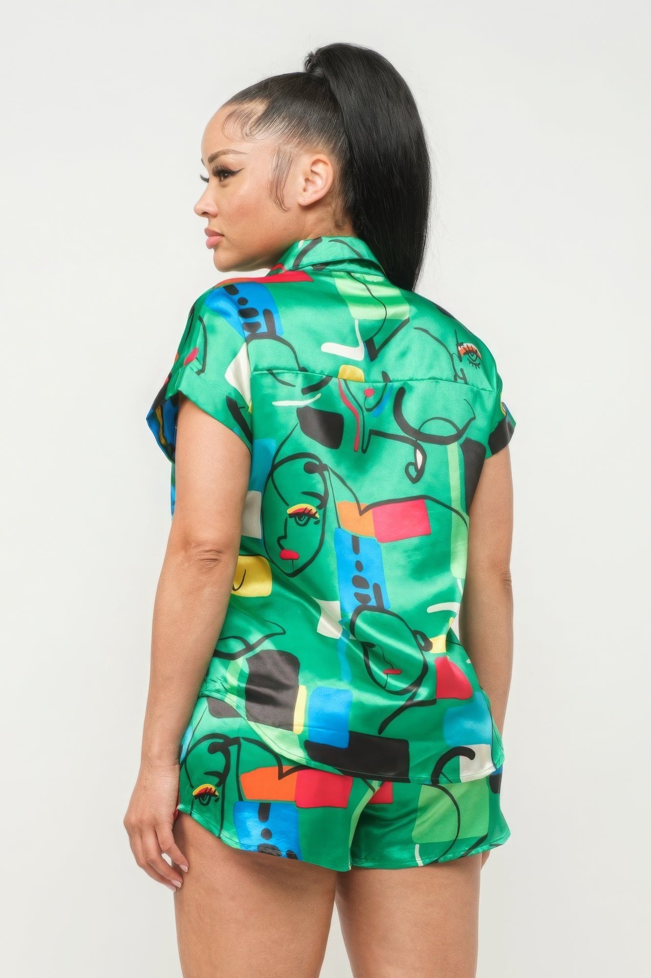 Green satin dolman button-up top and shorts set, back view, abstract print