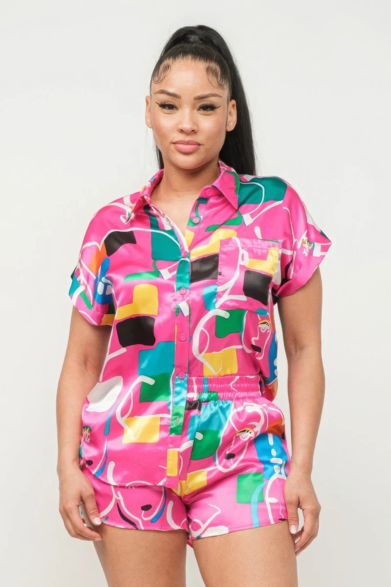 Pink Satin Dolman Print Button Down Top And Shorts Set - Tigbul's Variety Fashion Shop