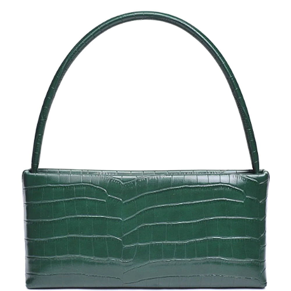 Croc Mandy-Handtasche, dunkelgrüne Croc-Optik, breiter Henkel