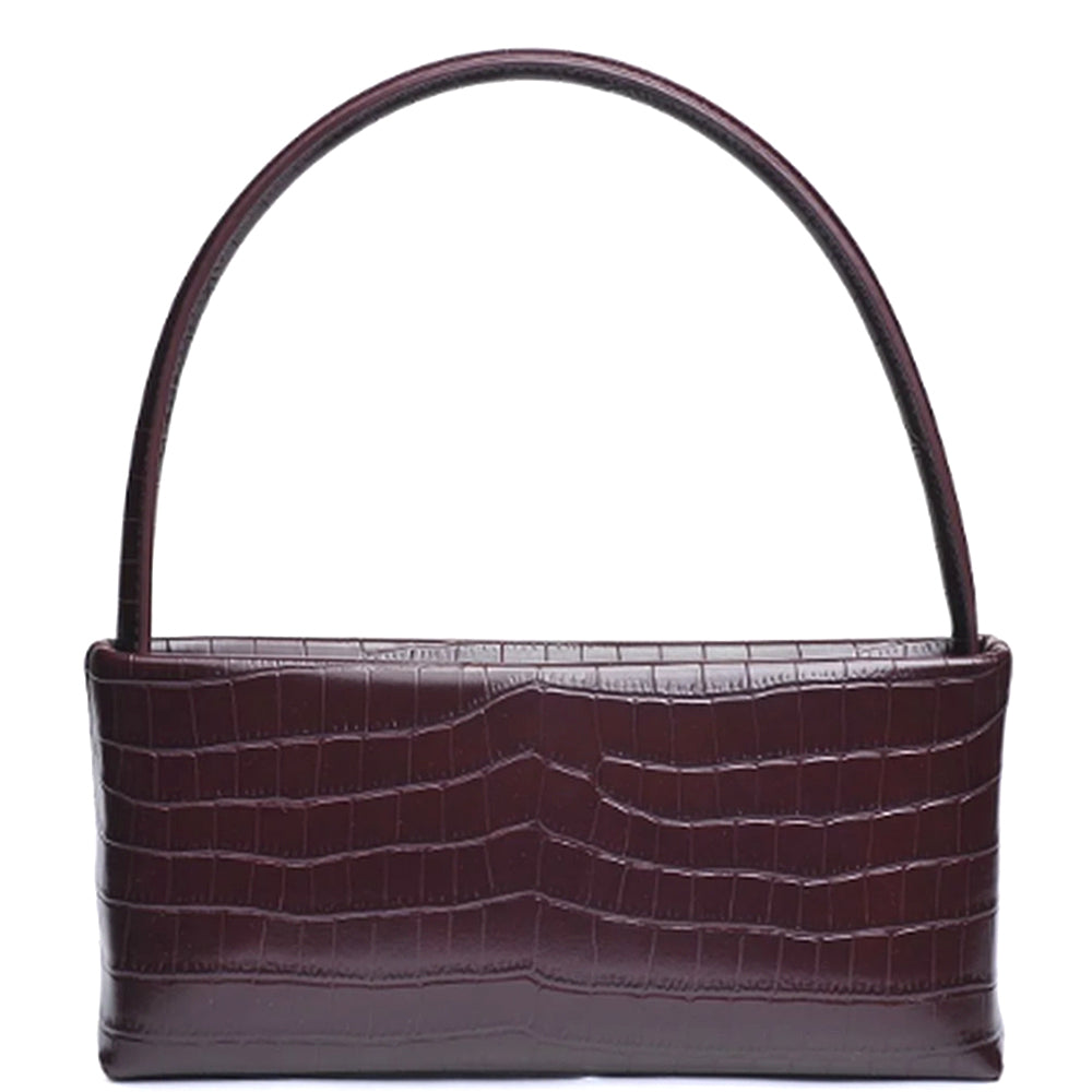 Croc Mandy-Handtasche, dunkelrot-braune Croc-Optik, breiter Henkel