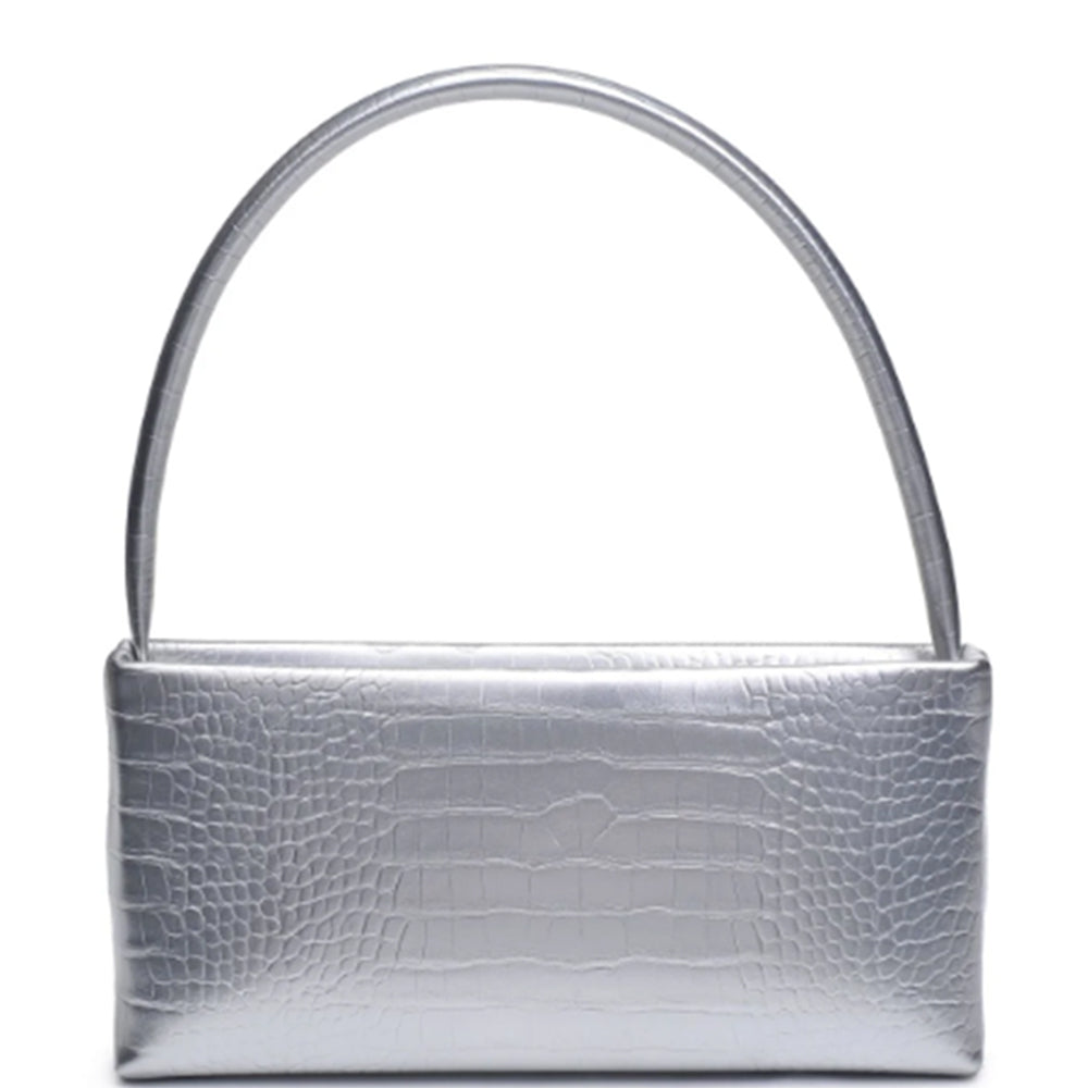 Croc Mandy-Handtasche, silberfarbene Croc-Optik, breiter Henkel