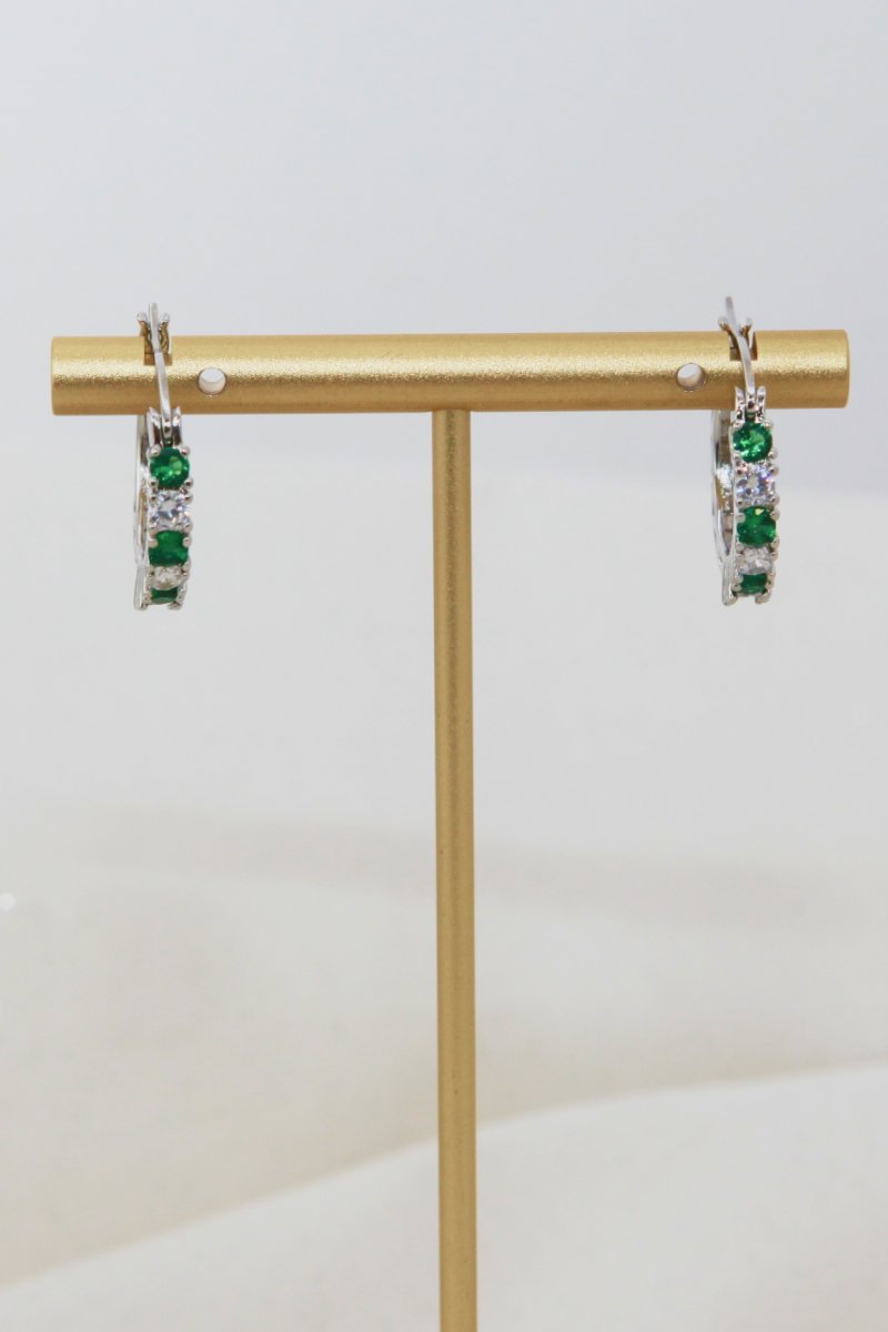 Silver hoop earrings 3/4in with green cubic zirconia bar stones
