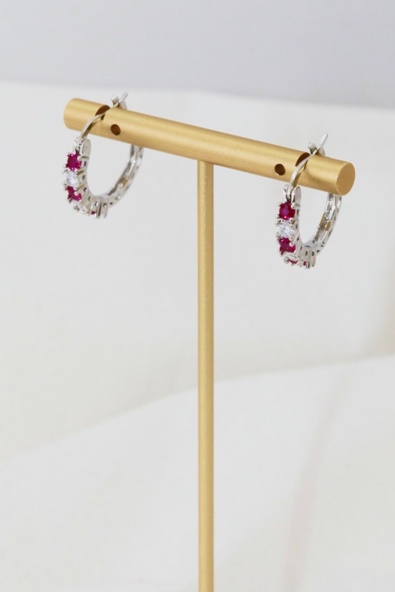 Silver hoop earrings 3/4in with fuchsia cubic zirconia clustered stones