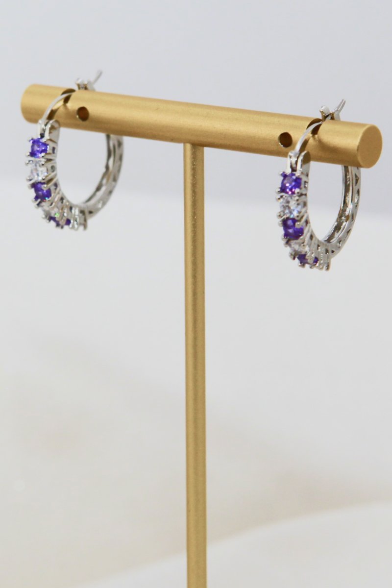 Silver hoop earrings 3/4in with purple cubic zirconia clustered stones