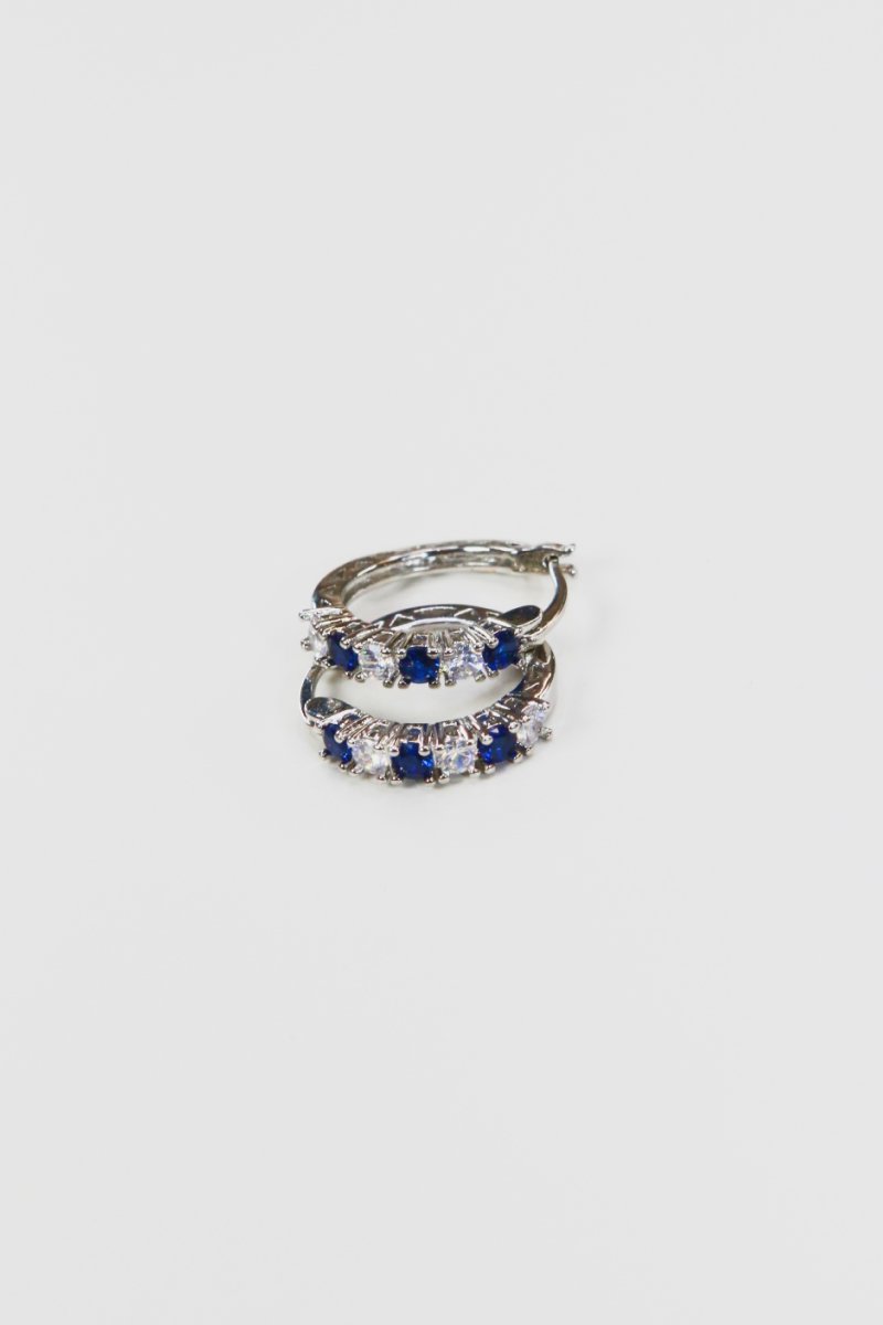 Silvertone cubic zirconia hoop earrings, 3/4 in, blue stones