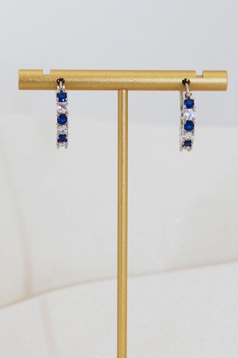 Silver hoop earrings 3/4in with blue cubic zirconia bar stones