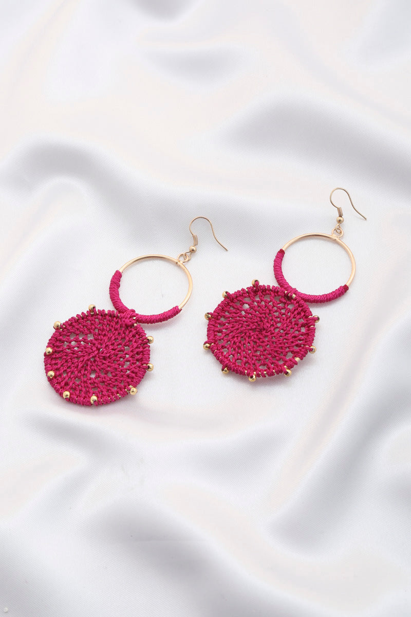 Fuchsia beaded disc earrings with double hoops and gold-tone hooks