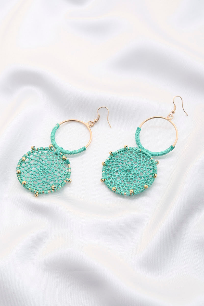 Mint beaded disc earrings with double hoops and gold-tone hooks