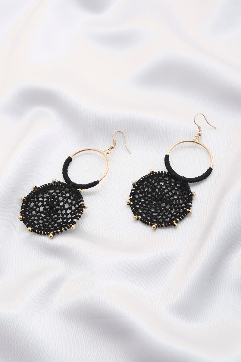 Black beaded disc earrings with double hoops and gold-tone hooks