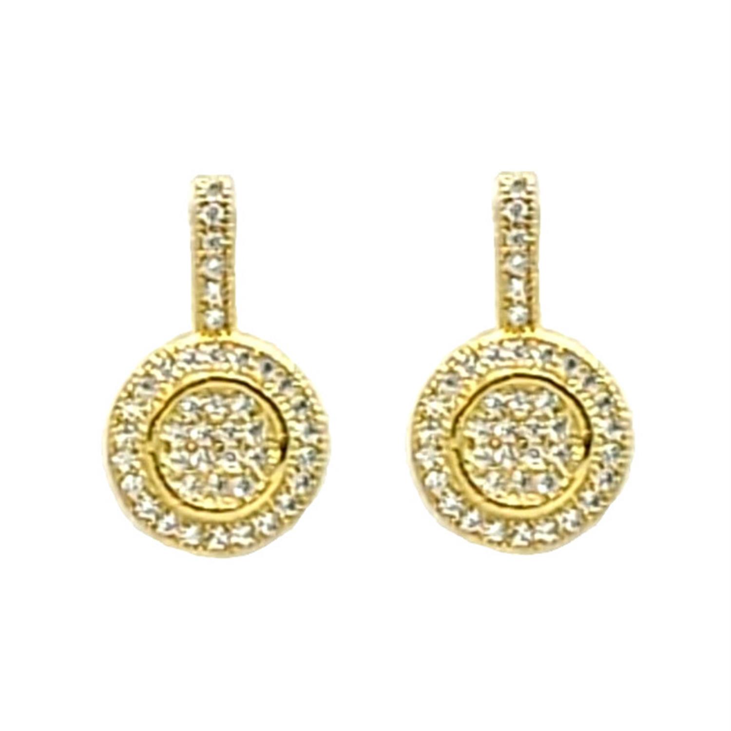 Round crystal earrings, gold-tone round bezel with small dangling crystal drop