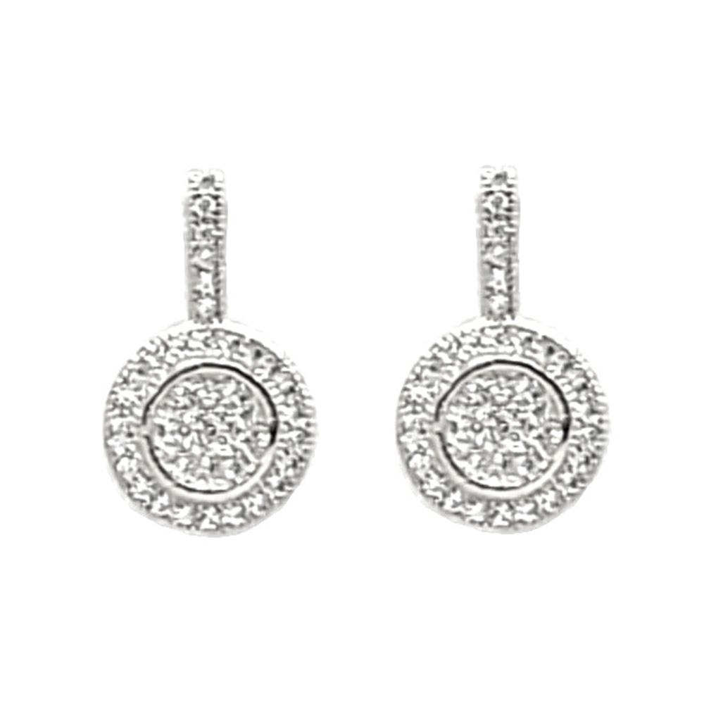 Round crystal earrings, silver-tone round bezel with small dangling crystal drop