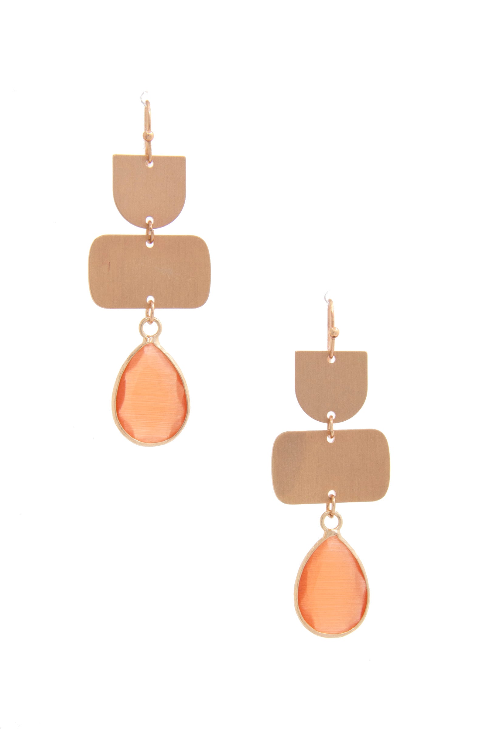 Teardrop gem dangle earrings in coral with layered geometric drops