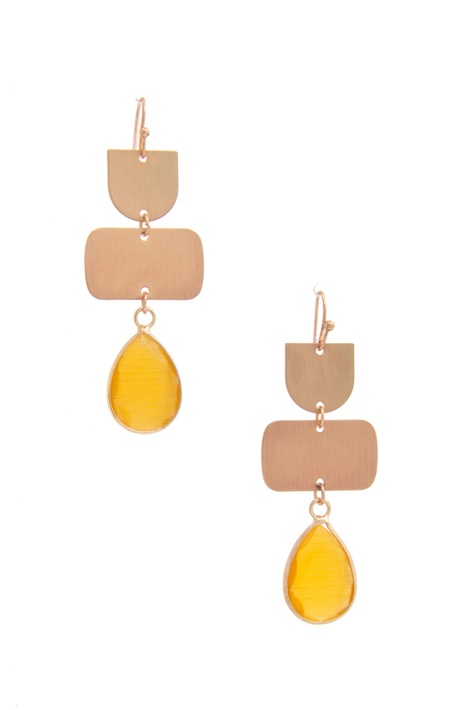 Teardrop gem dangle earrings in mustard with layered geometric drops